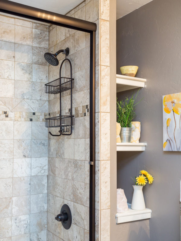 custom shower and shelving by licensed shower remodelers