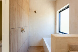 Custom built bathroom with modern styling in a custom built energy efficient home in Oregon