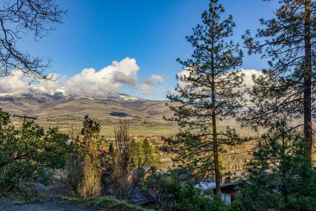 The bedroom view from this custom hilltop home features a snowcapped mountain and the forests of Oregon